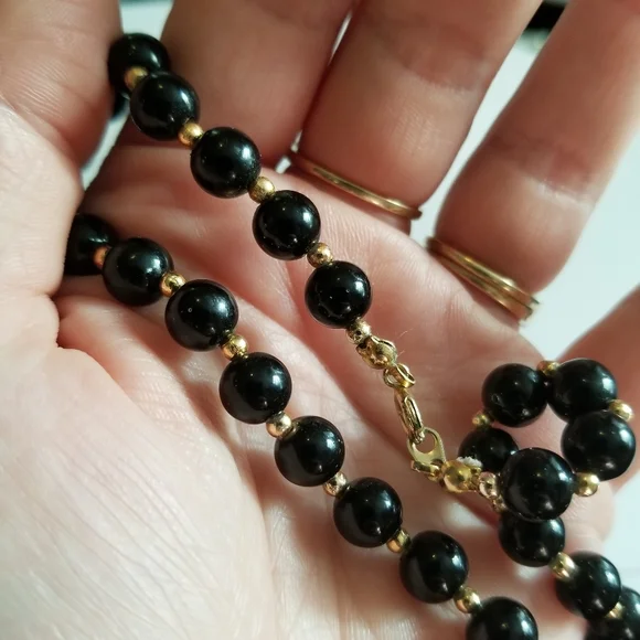 Vintage necklace black beads necklace gold tone retro - Picture 10 of 12